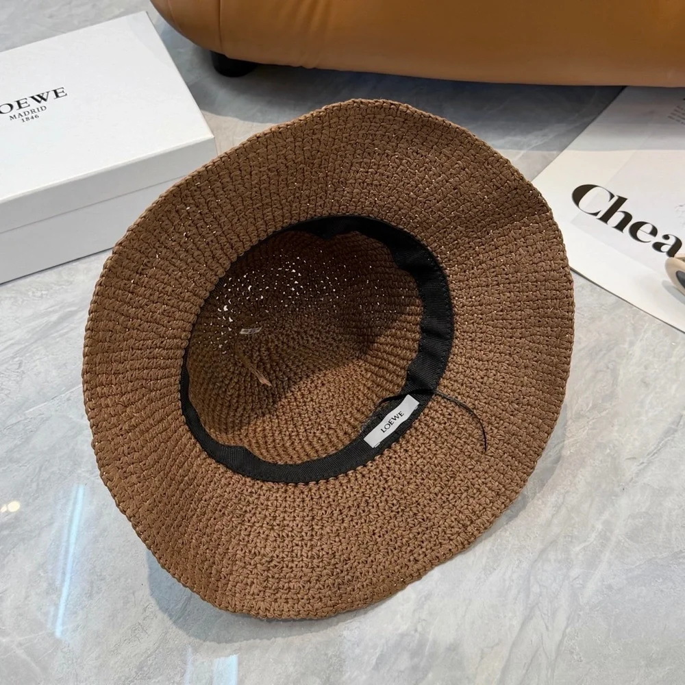 LOEWE Brown Raffia Bucket Hat Leather Anagram Logo Straw Ibiza Summer Coffee Tan - Picture 2 of 8